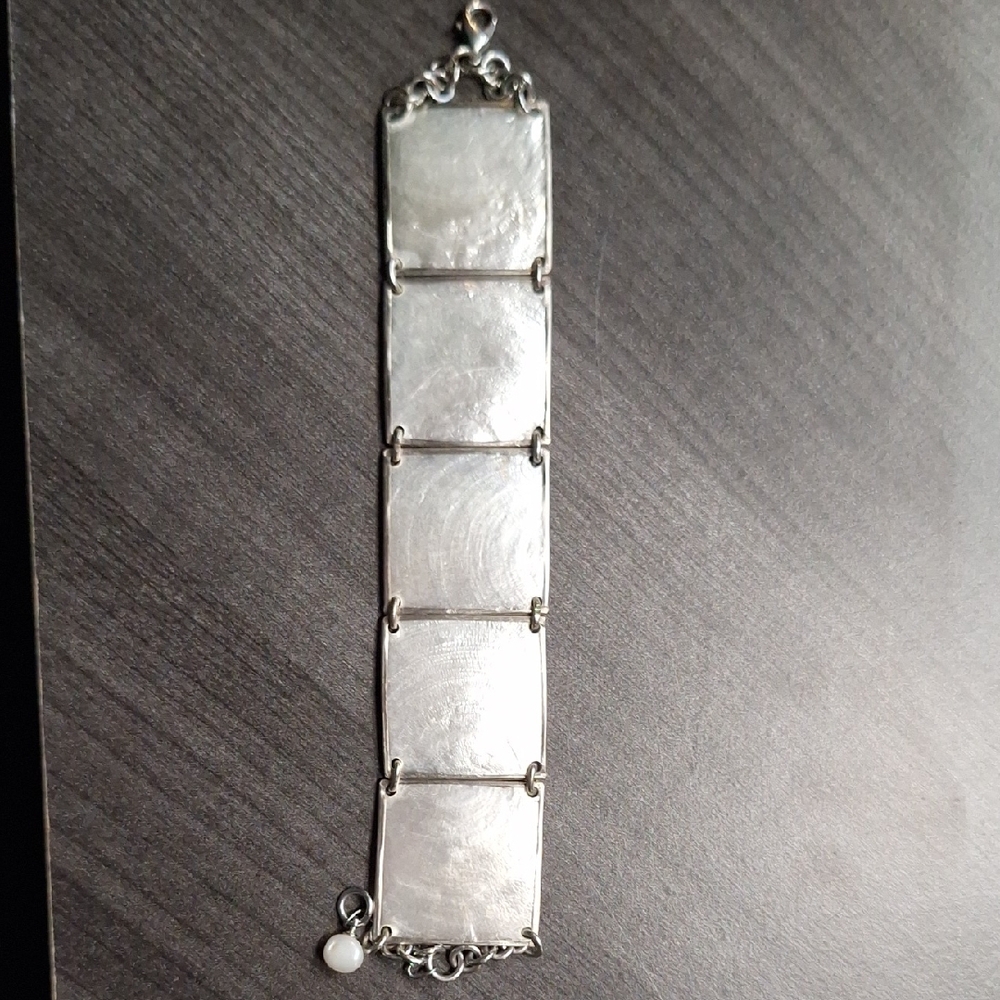 Vintage‎ Mother of Pearl Shell Rectangular Panel Silver Bracelet Minimalist